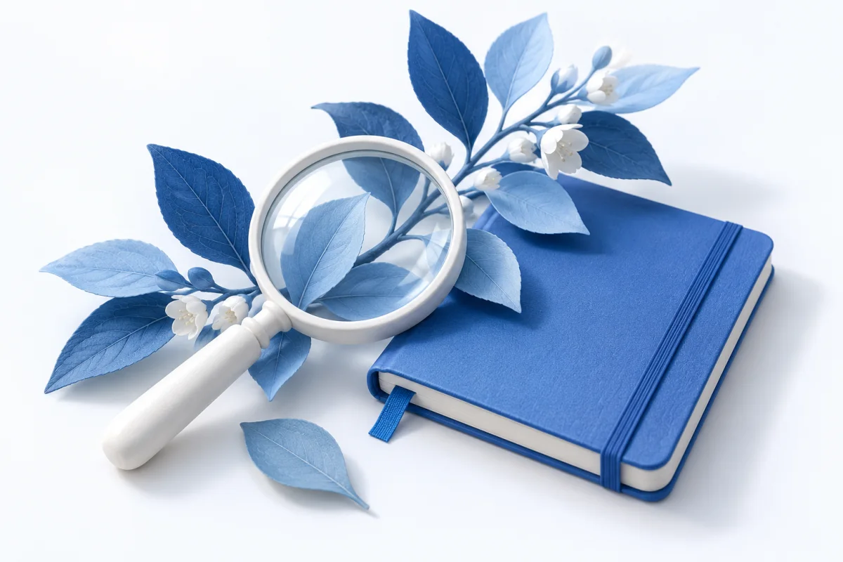 Blue paper leaves and a magnifying glass beside a notebook