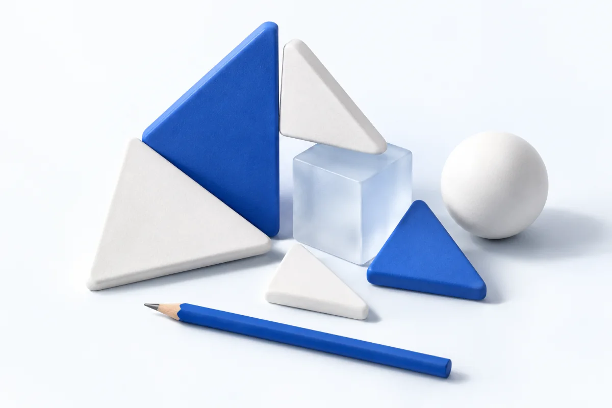 Blue and white geometric pieces arranged as a tactile still life