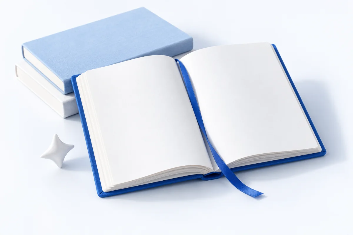 An open blank journal with a blue ribbon bookmark