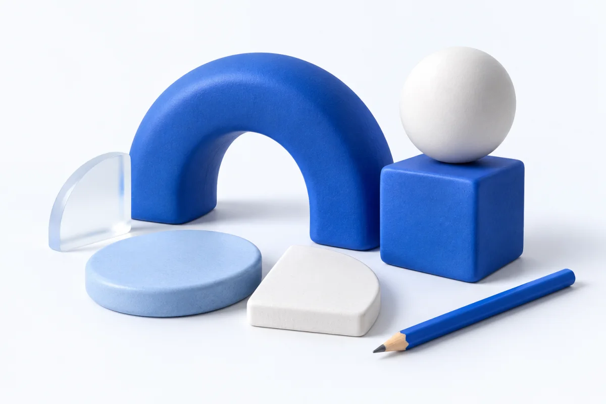 Blue and white sculptural forms balanced beside a pencil
