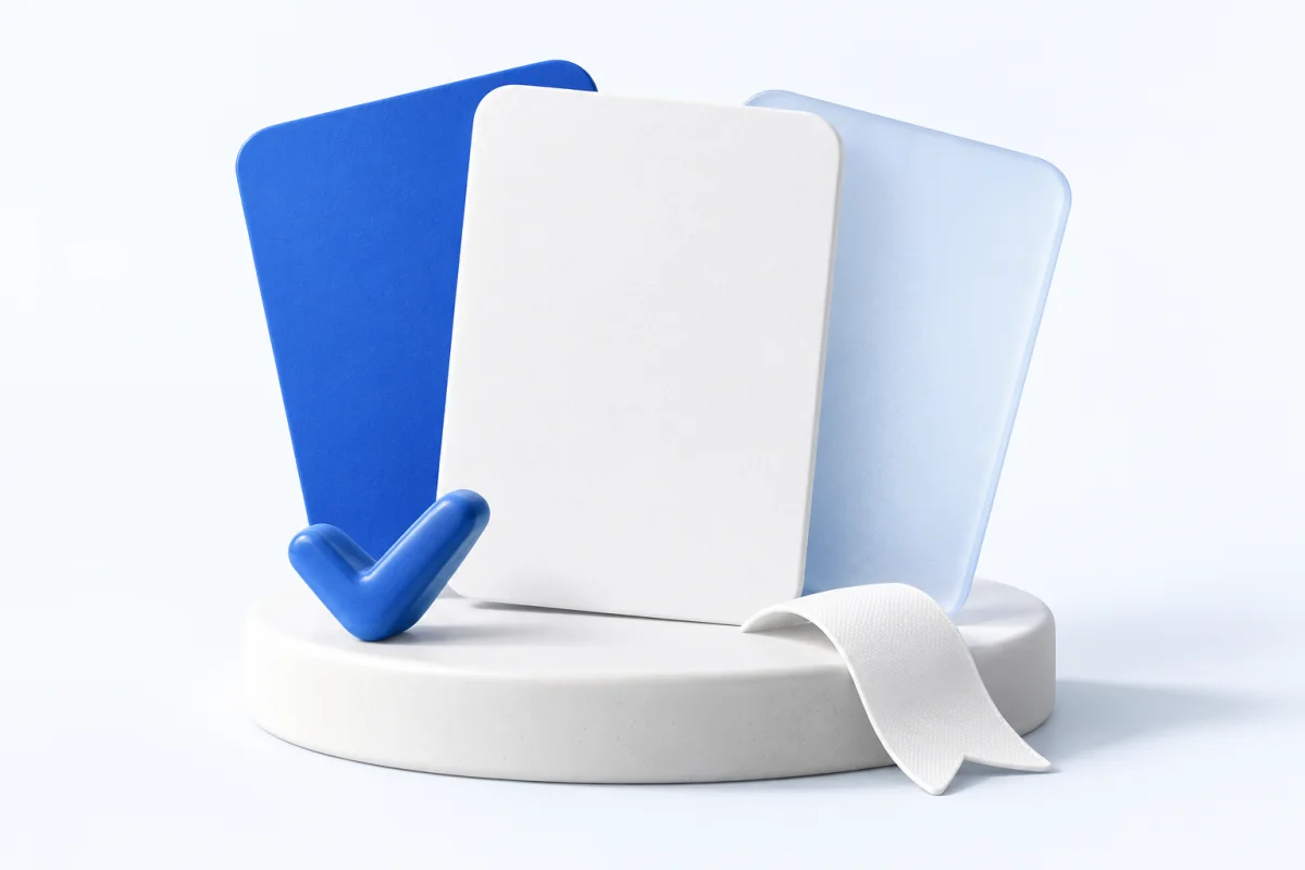 A fan of blue and white study cards with a small checkmark