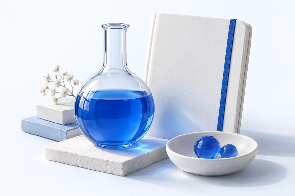 A glass flask with blue liquid beside white study materials