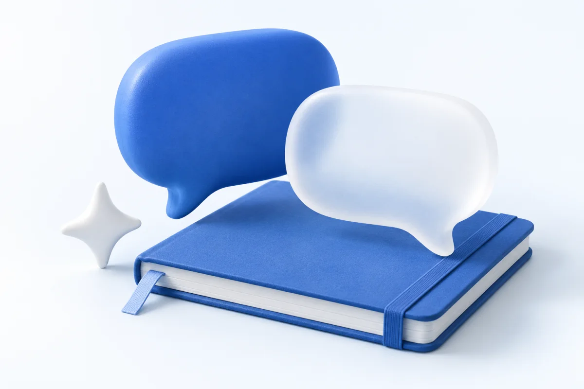 Two soft conversation shapes above a blue notebook