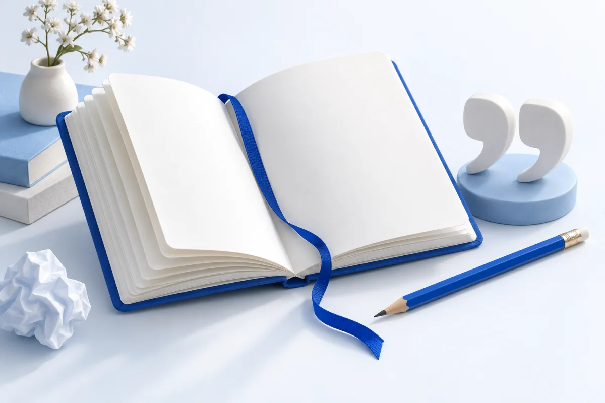 An open blue notebook, pencil and sculptural quotation marks