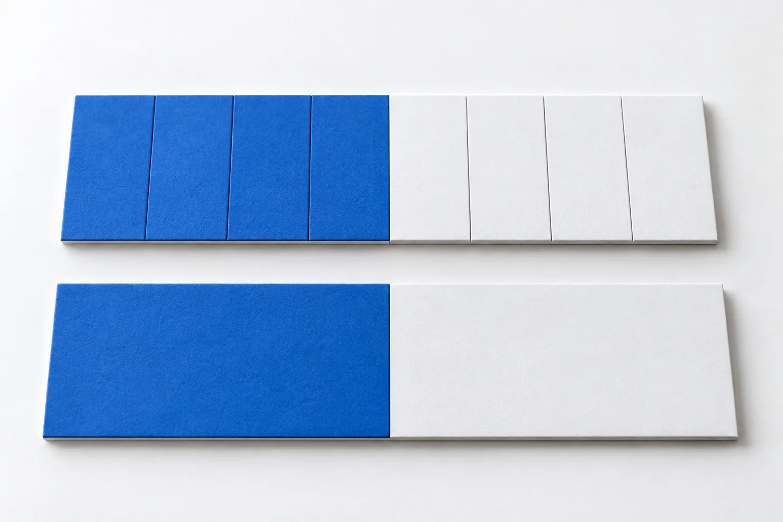 Four blue tiles out of eight and one blue half show the same share of equal-sized boards