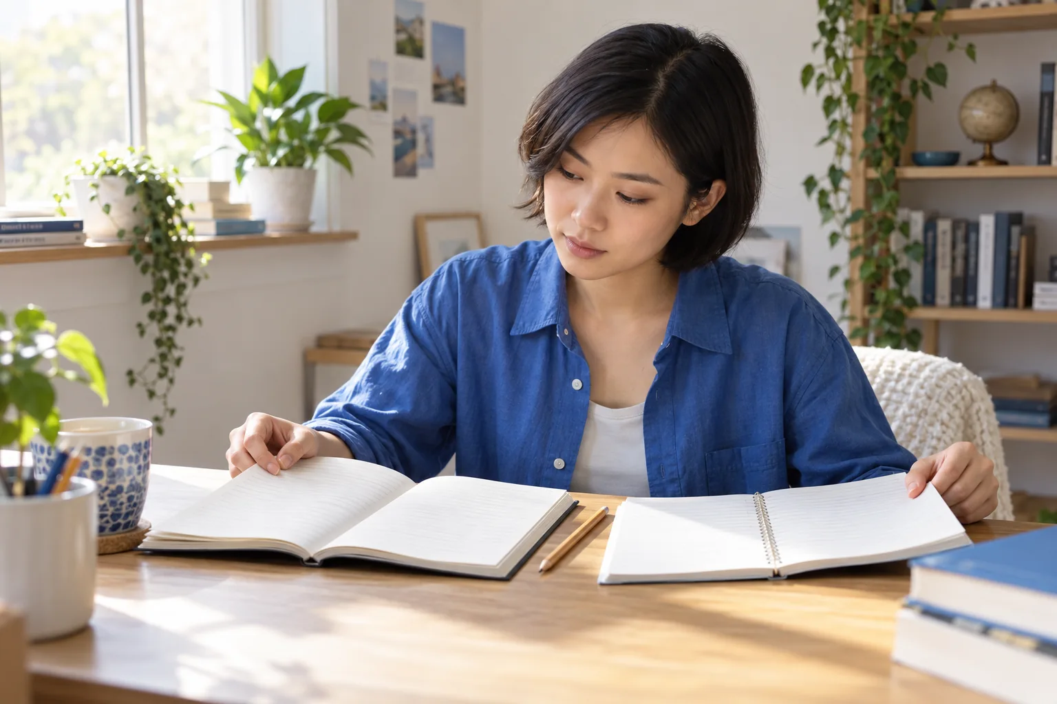 An adult student compares two open notebooks at a sunlit study desk