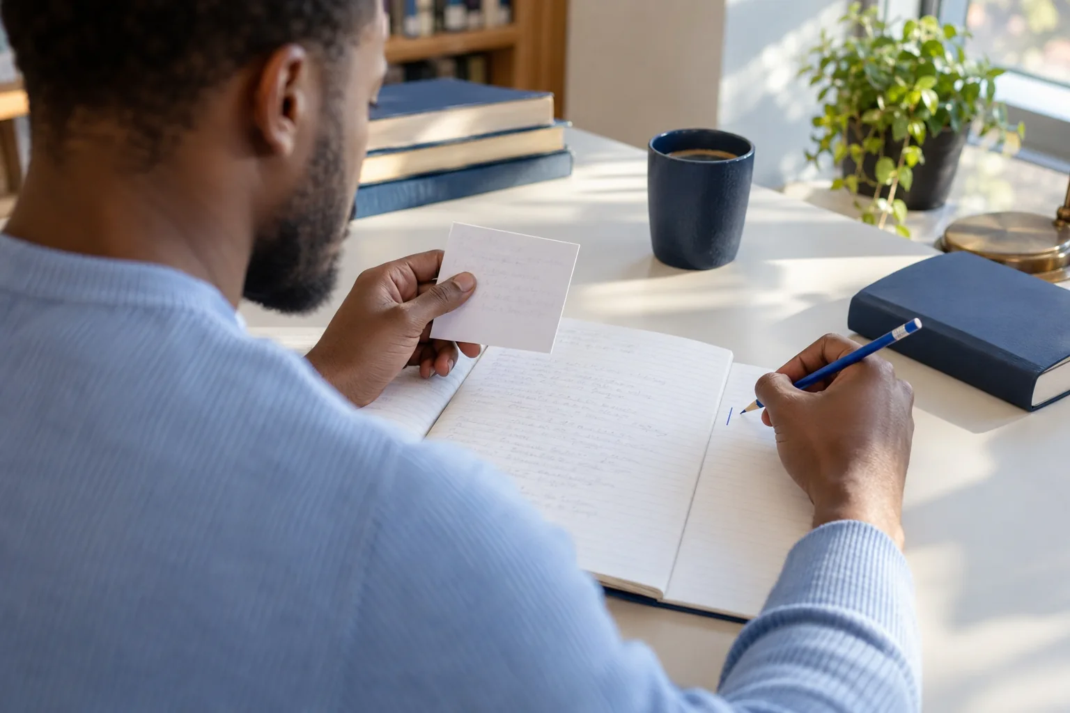 An adult learner preserves notebook working while adding a short margin note