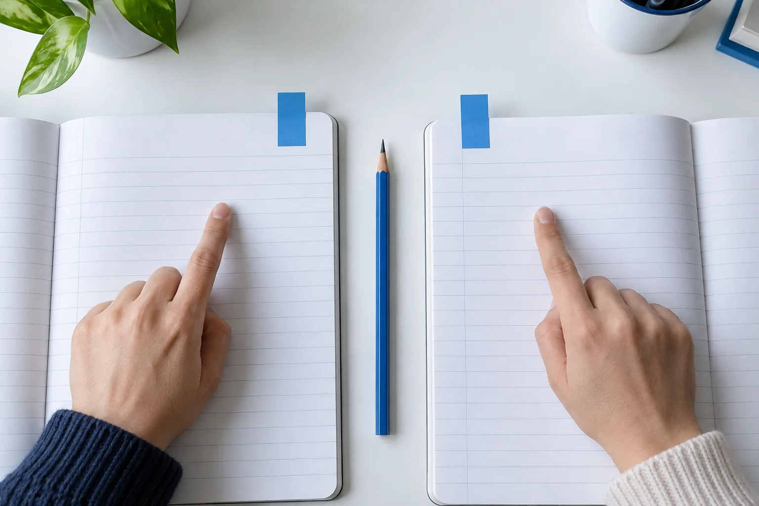 Two notebook pages marked with matching blue tabs are compared side by side