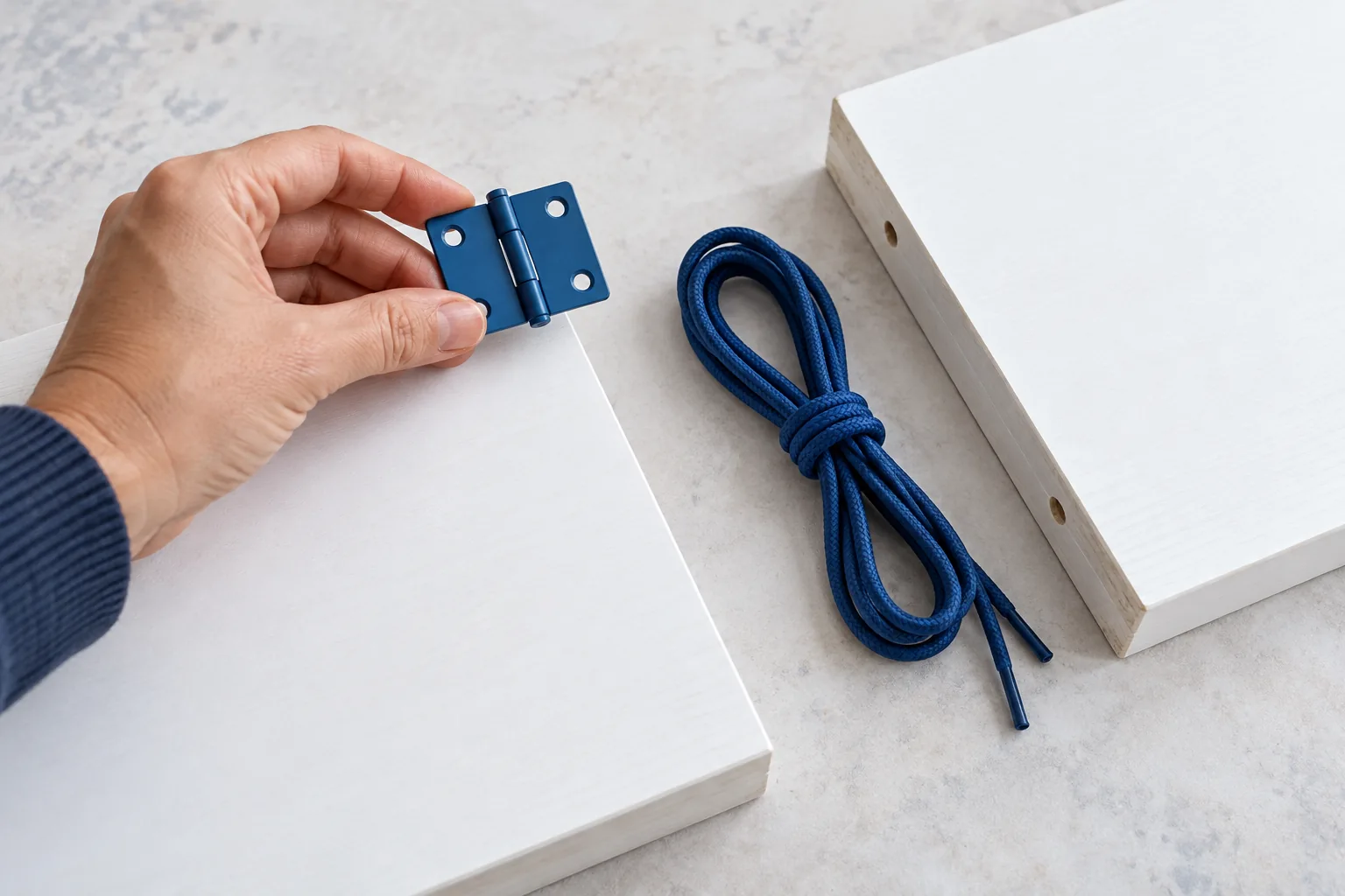An adult hand compares blue connection materials beside two separate white panels