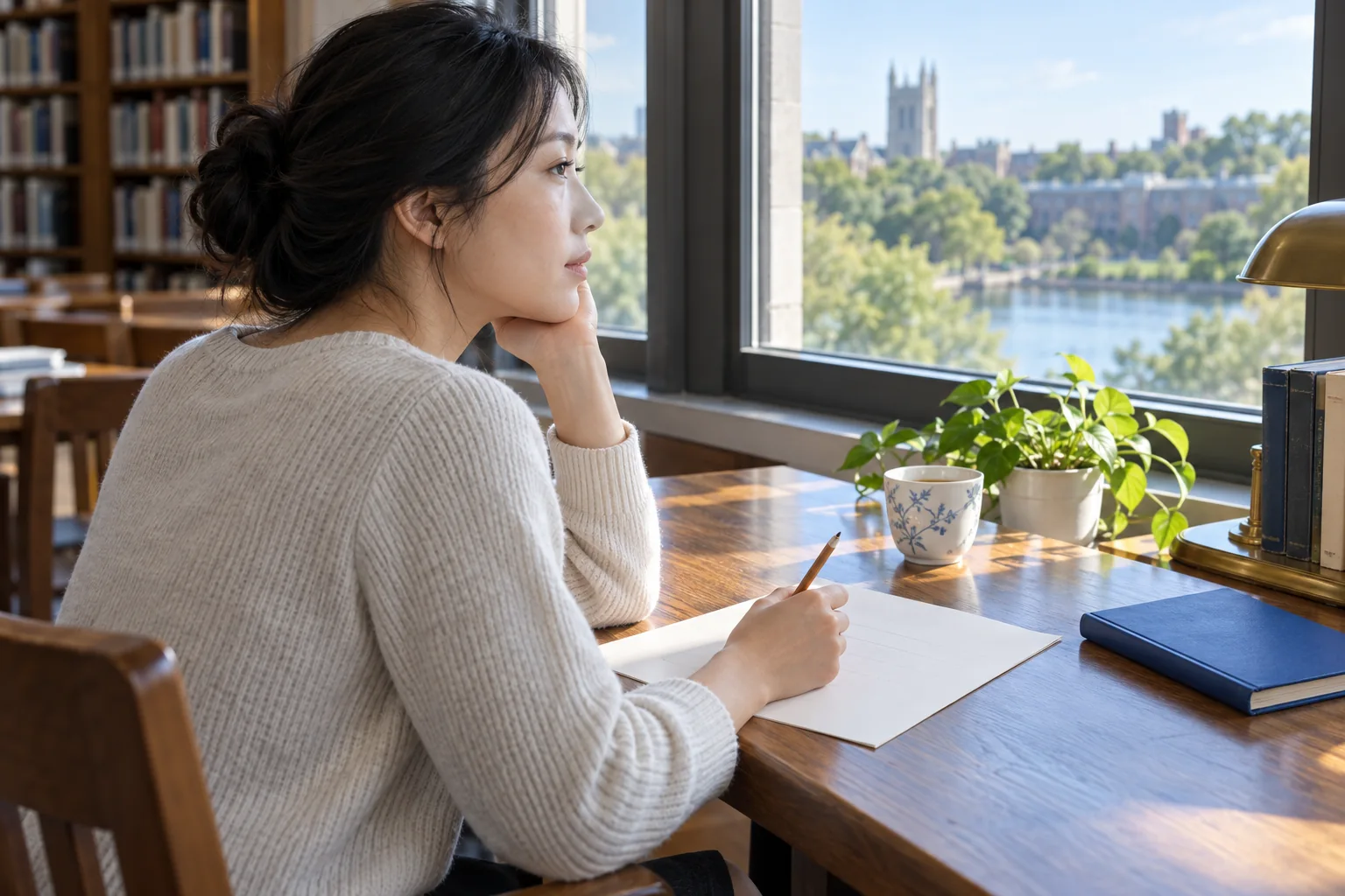 An adult woman works with a pencil beside a library window with a closed blue notebook set aside