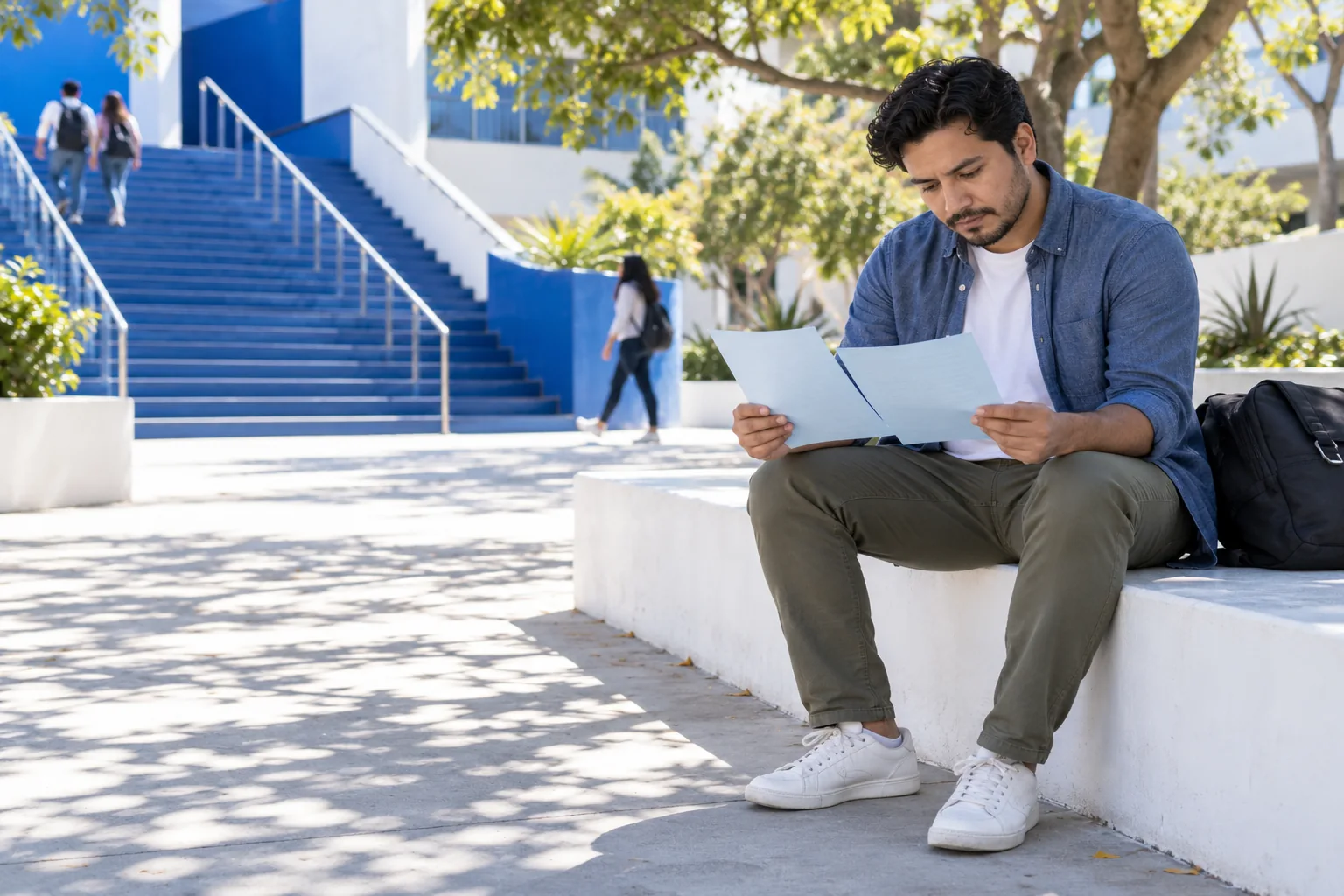 An adult student compares two pale sheets while sitting on a white bench in a sunlit campus courtyard
