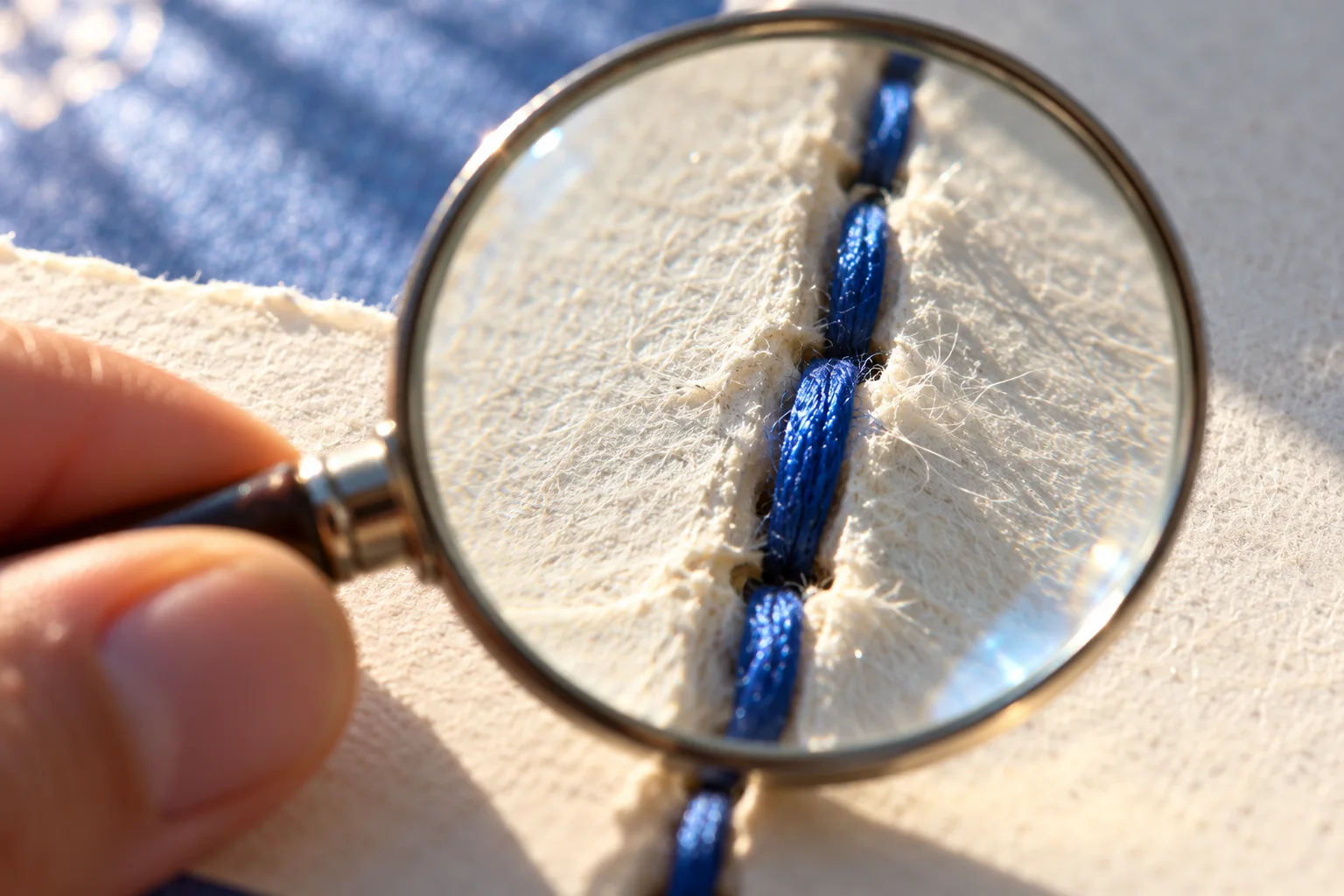 An adult hand holds a magnifying lens over a blue stitched seam between two cream-colored pieces