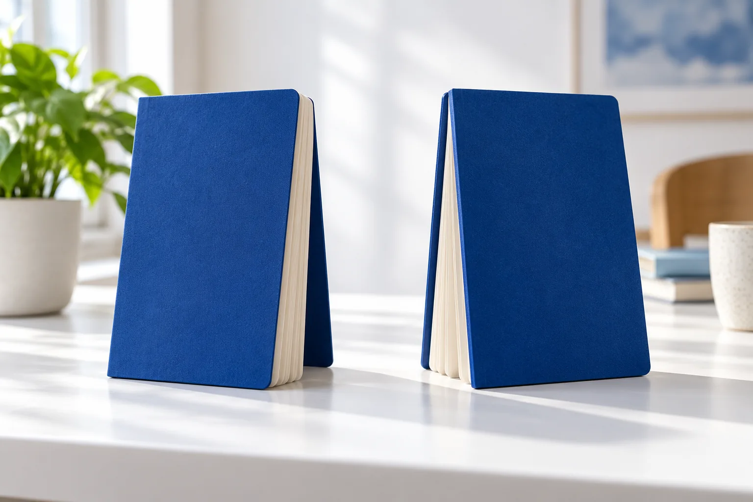 Two upright blue notebooks stand separately with a visible gap on a white tabletop