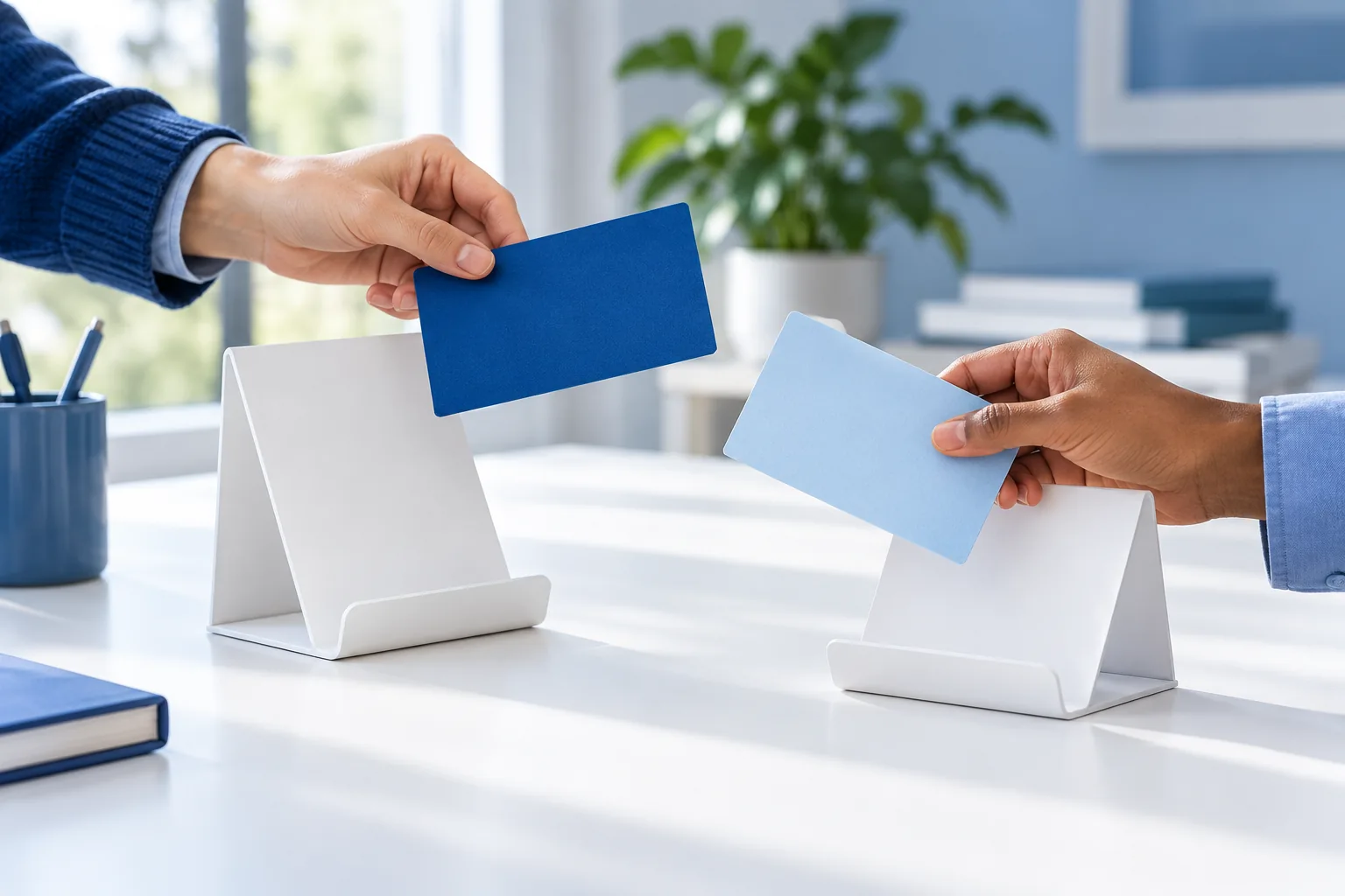 Mãos adultas trocam cartões azul-escuro e azul-claro entre dois suportes brancos