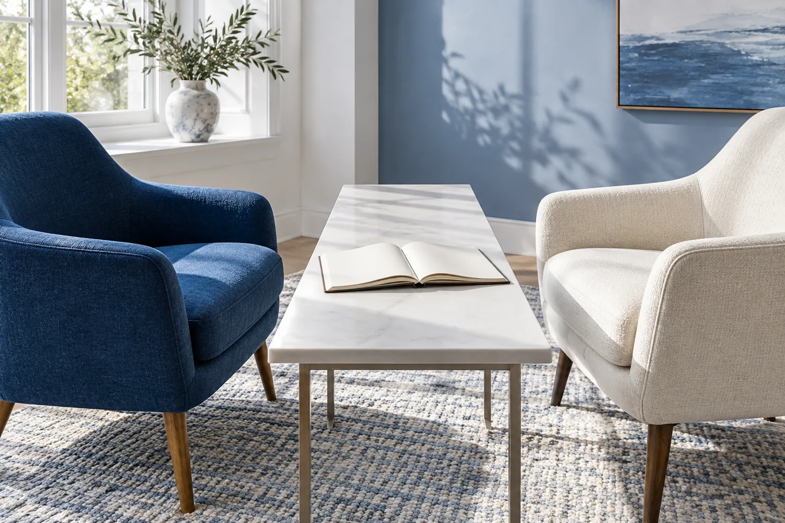 Duas cadeiras vazias se voltam uma para a outra junto a uma mesa, simbolizando espaço para outra perspectiva
