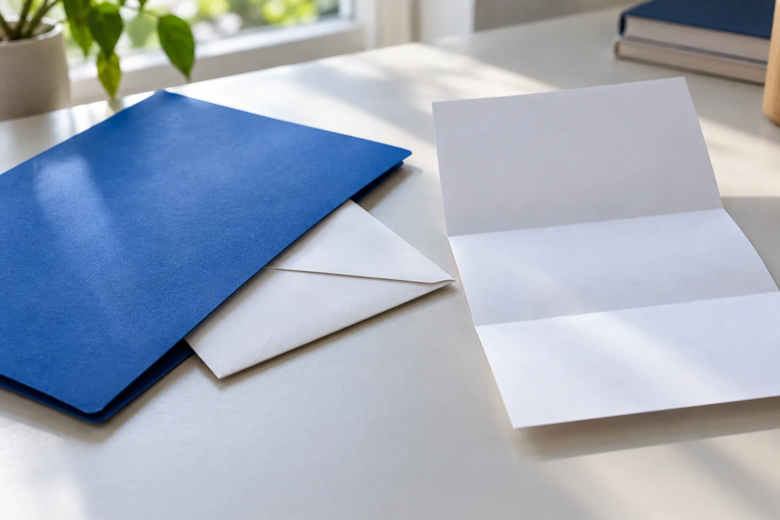 Um envelope fechado sob uma pasta azul fica ao lado de uma carta aberta sem texto, separando informações privadas e públicas