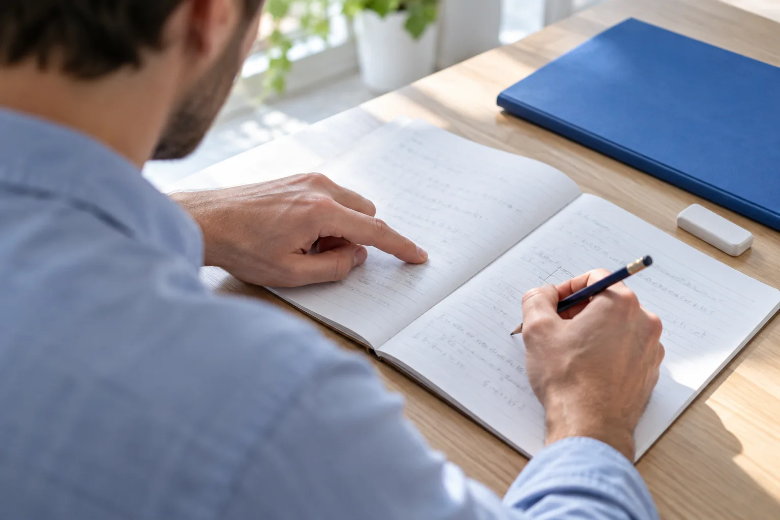 Mãos adultas acompanham uma linha de cálculo no caderno enquanto seguram um lápis ao lado de uma pasta azul