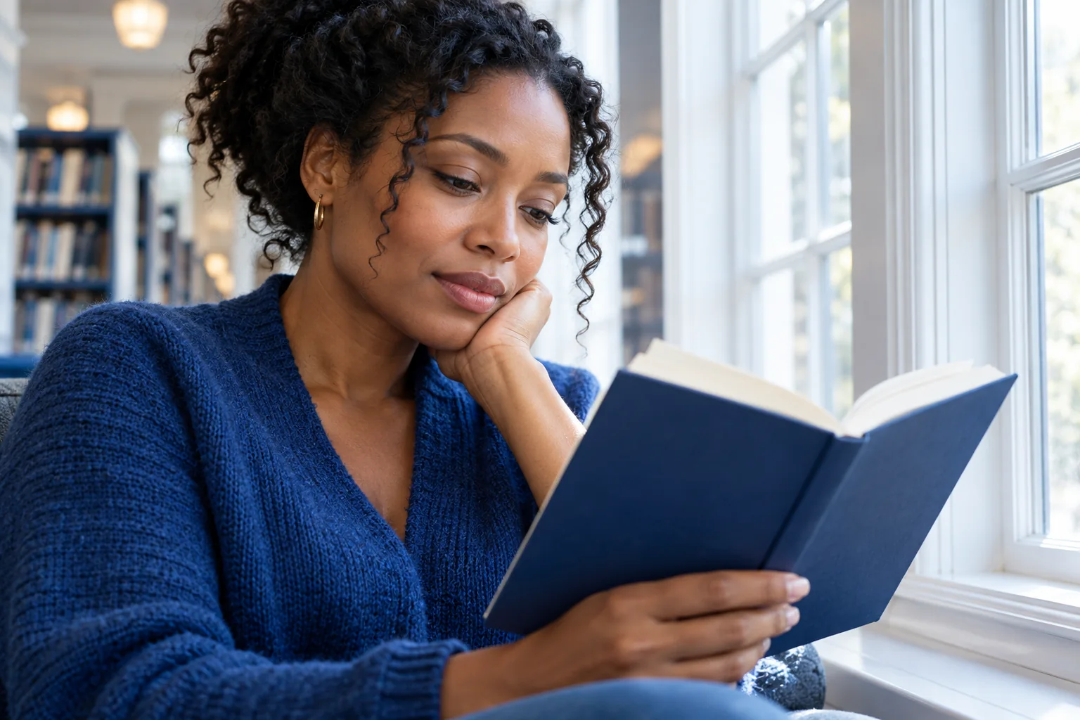 An adult reader studies a blue book beside a bright library window