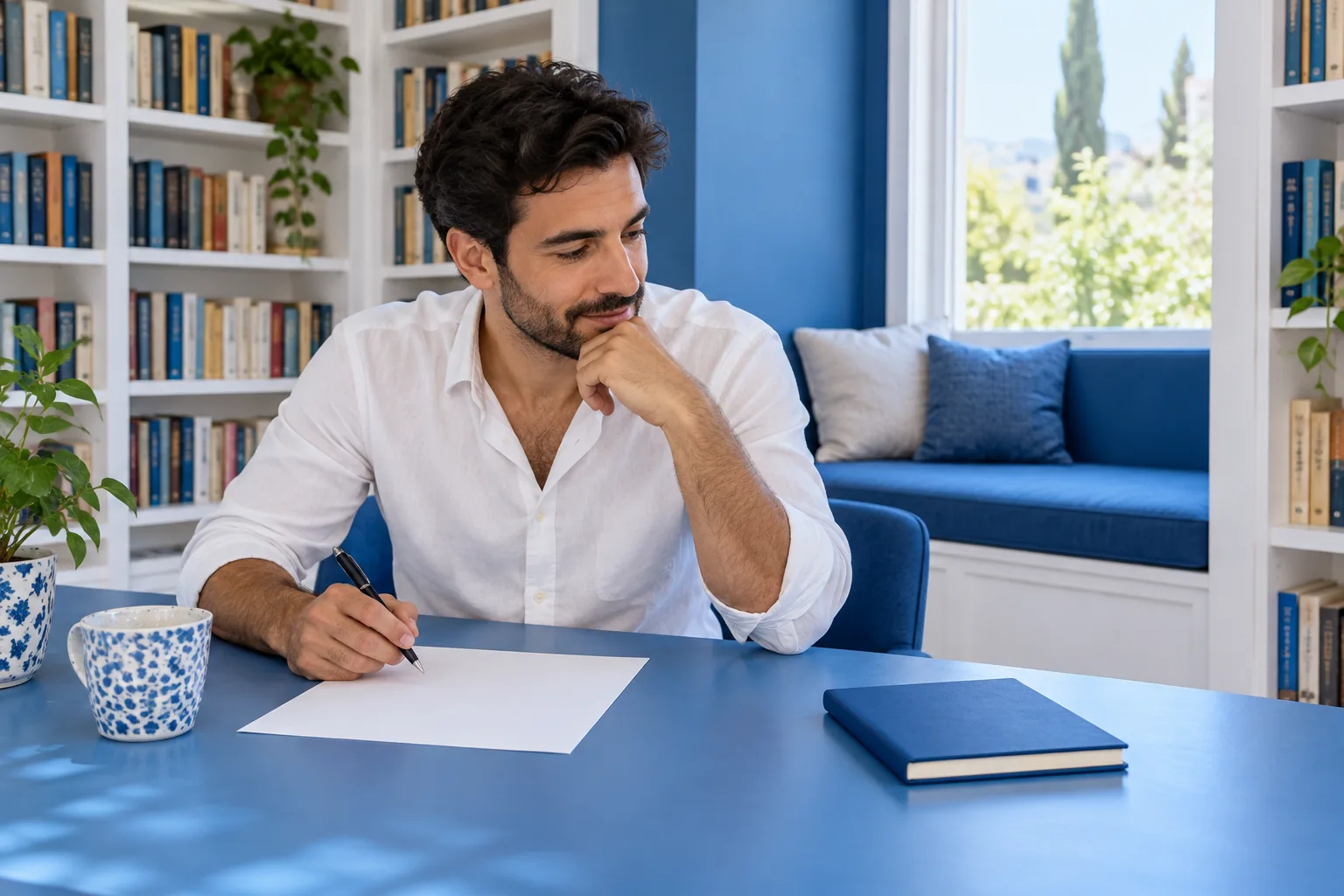 An adult reader considers a blank sheet beside a closed blue notebook