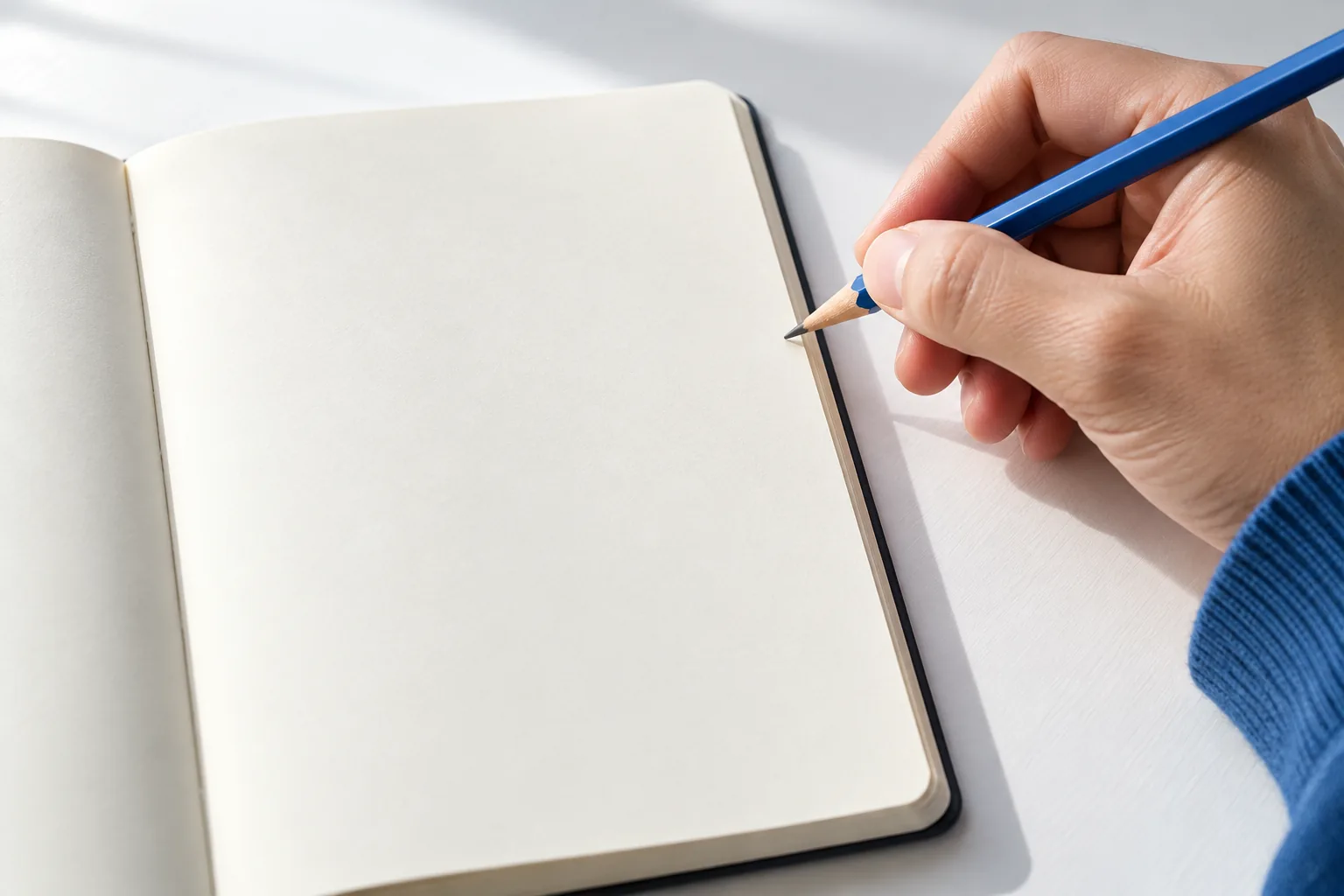 An adult hand pauses with a blue pencil above a blank page margin