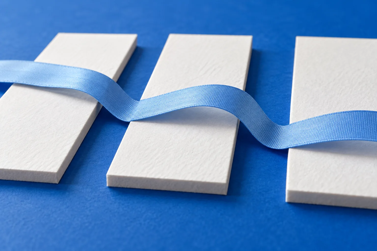A blue ribbon crosses three separate blank white paper strips