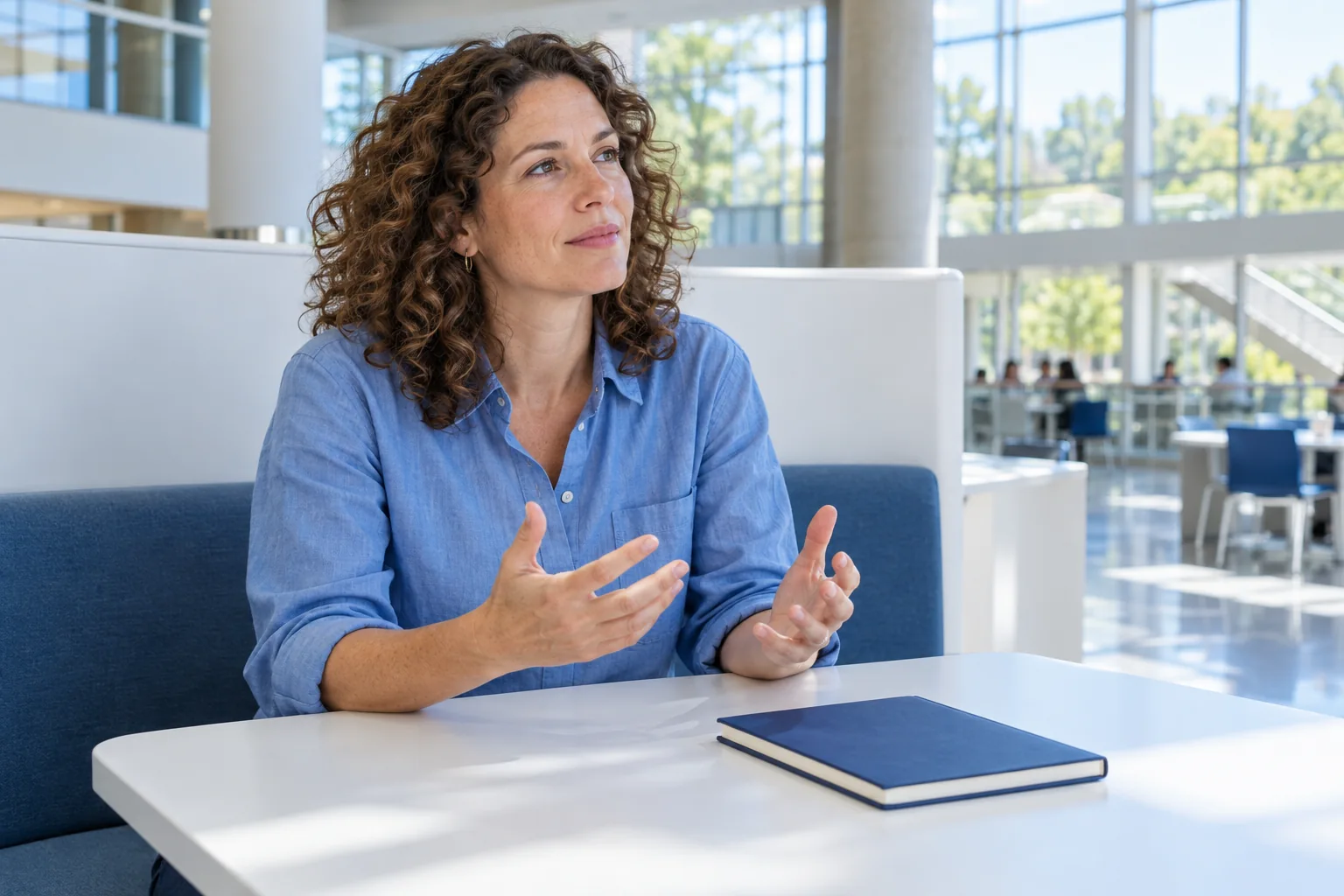 An adult learner rehearses an explanation beside a closed blue notebook