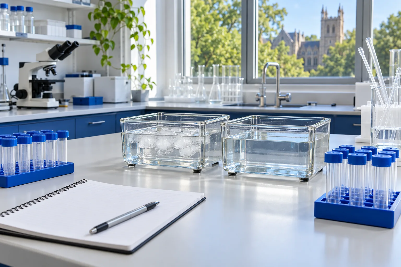 Two clear water baths on a white laboratory bench, one containing ice, beside a blank notebook