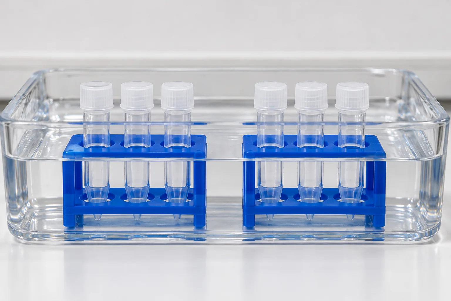 Two identical racks of capped sample tubes share one clear water tray