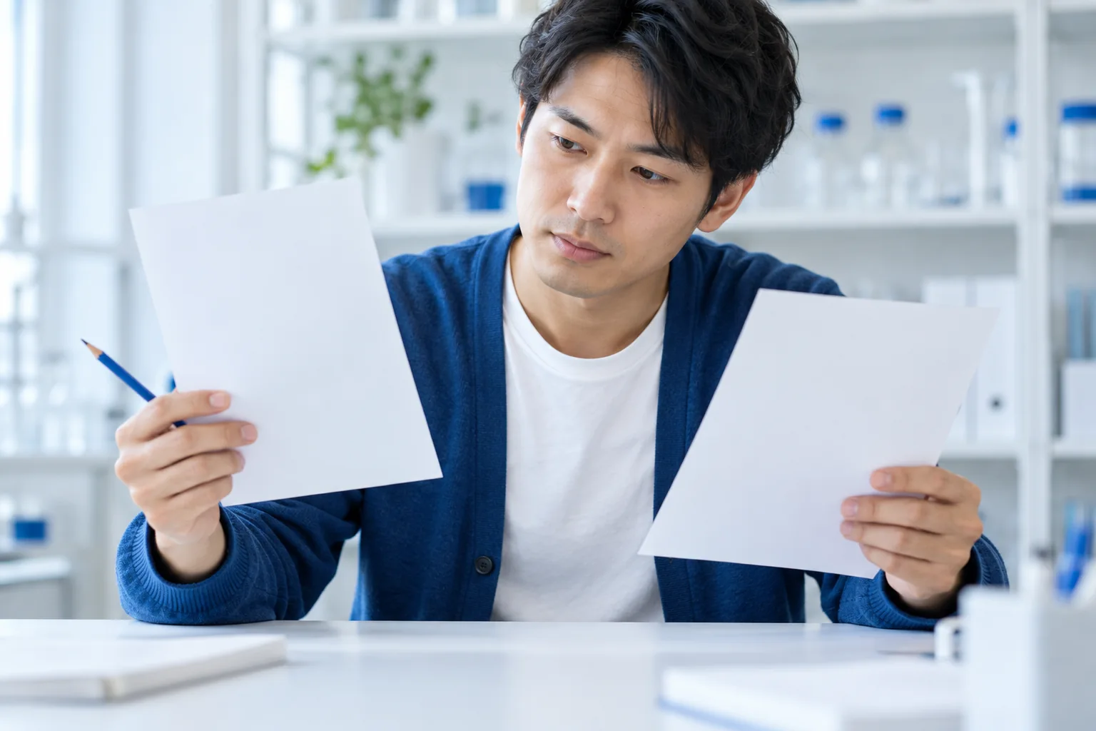 An adult learner compares two blank sheets at a blue-and-white study desk