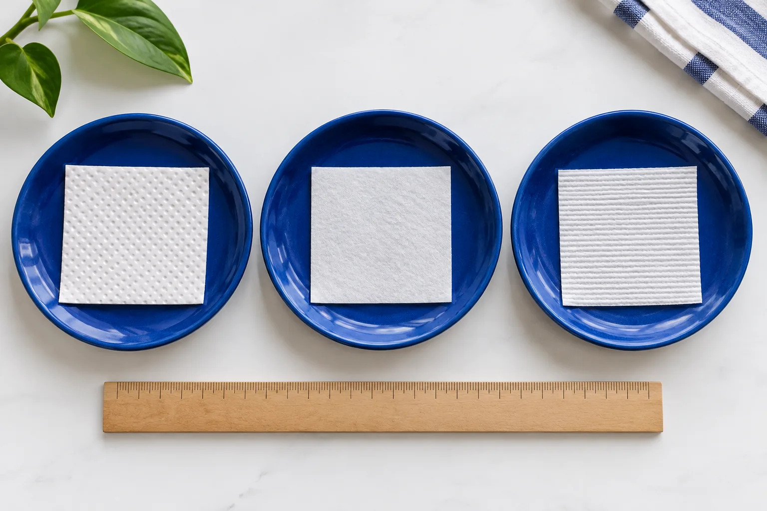 Three equal-size dry paper squares with different textures rest on separate blue plates