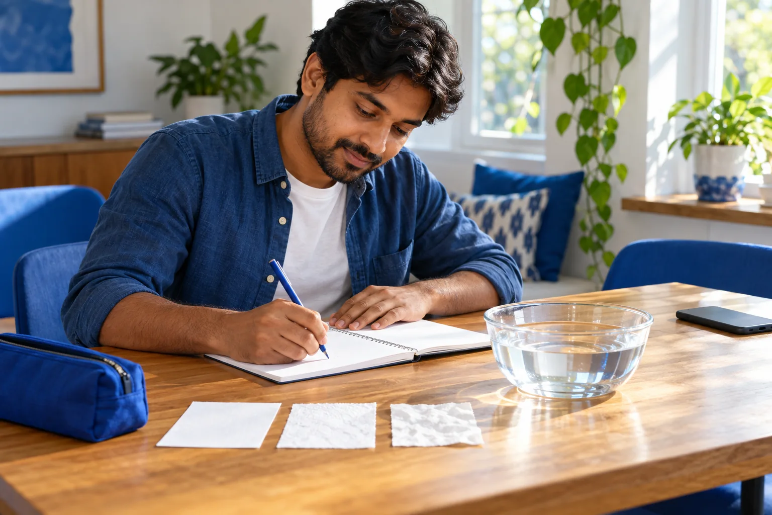 An adult student writes his own explanation beside paper samples and a phone set aside at a bright study table