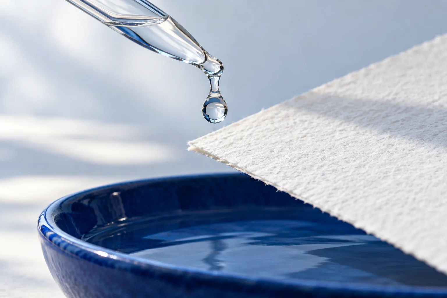 A clear drop falls from a glass pipette toward textured white paper above a blue dish