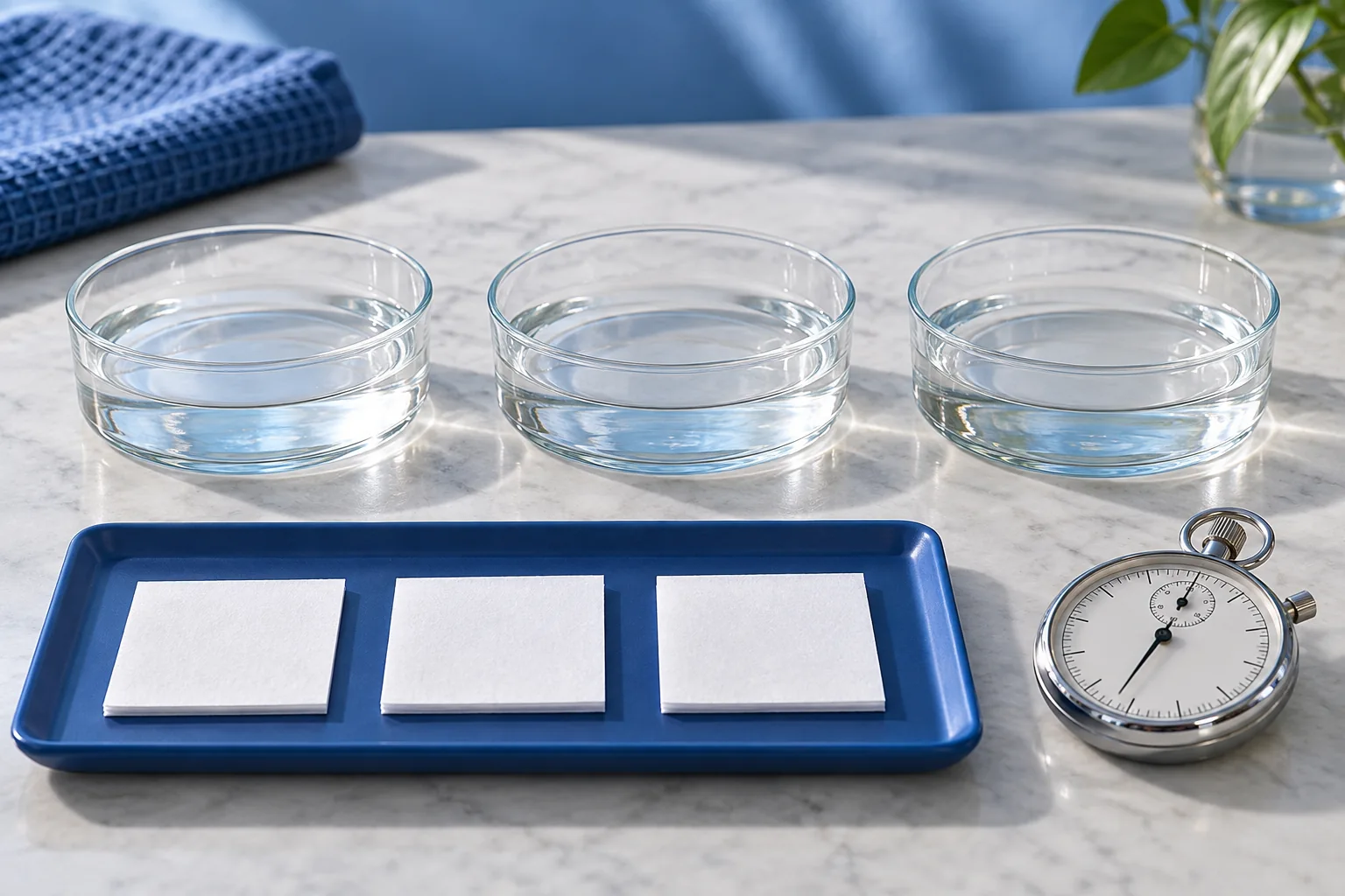 Matching clear dishes, equal paper squares and a stopwatch illustrate conditions planned to stay consistent