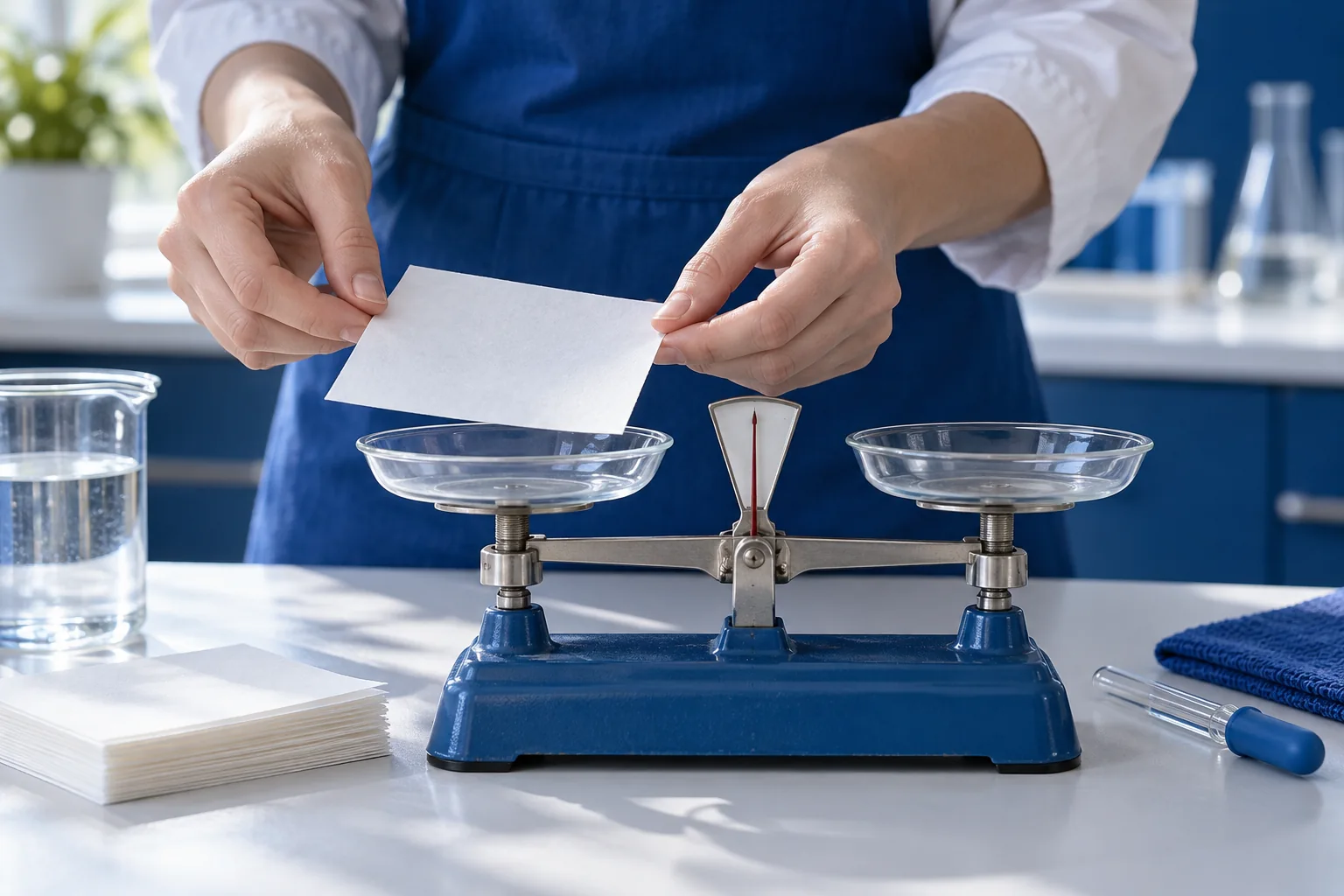 Adult hands hold a paper sample above a weighing dish on a mechanical laboratory balance