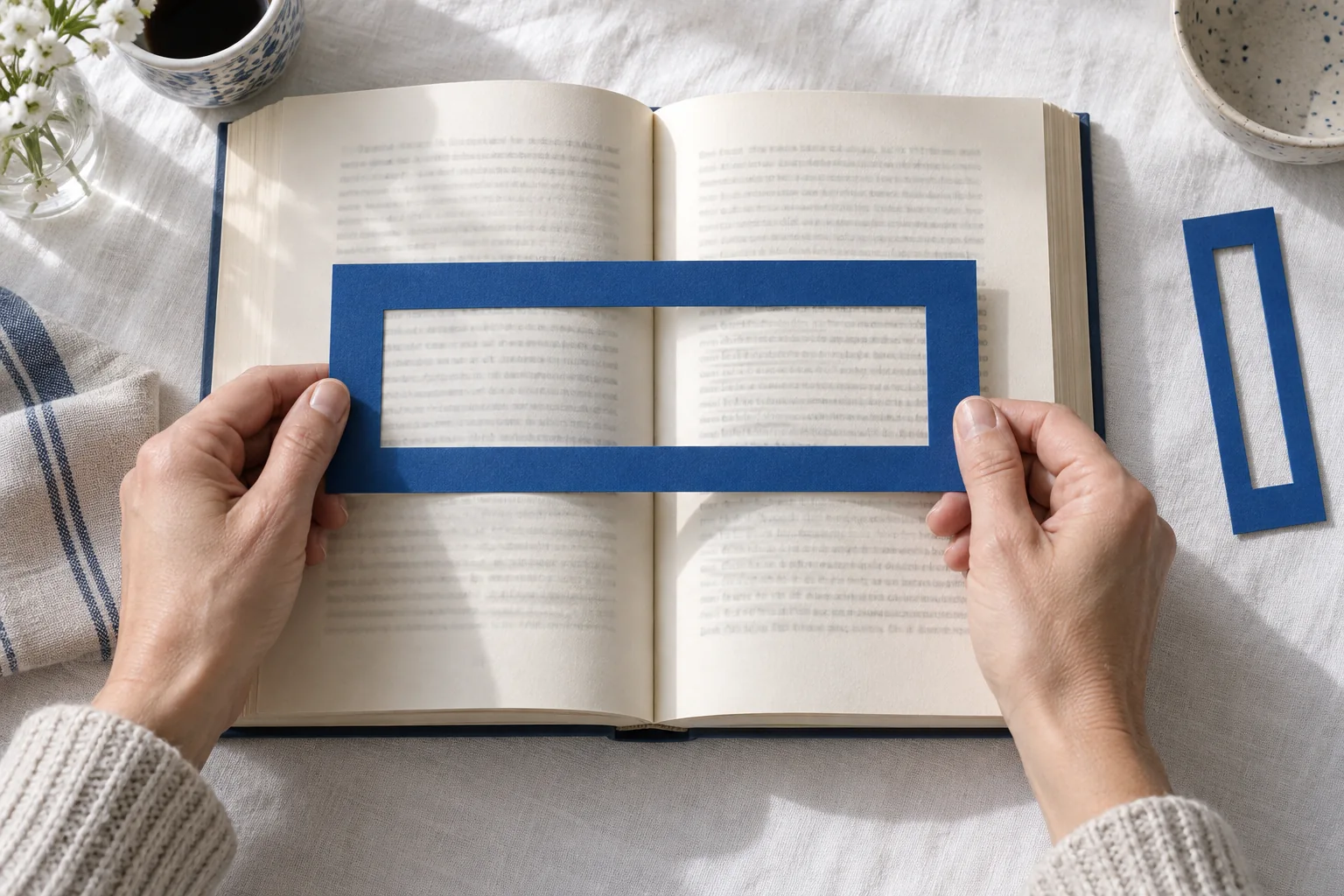 Unas manos adultas sostienen un marco azul ancho sobre un libro y dejan otro estrecho a un lado