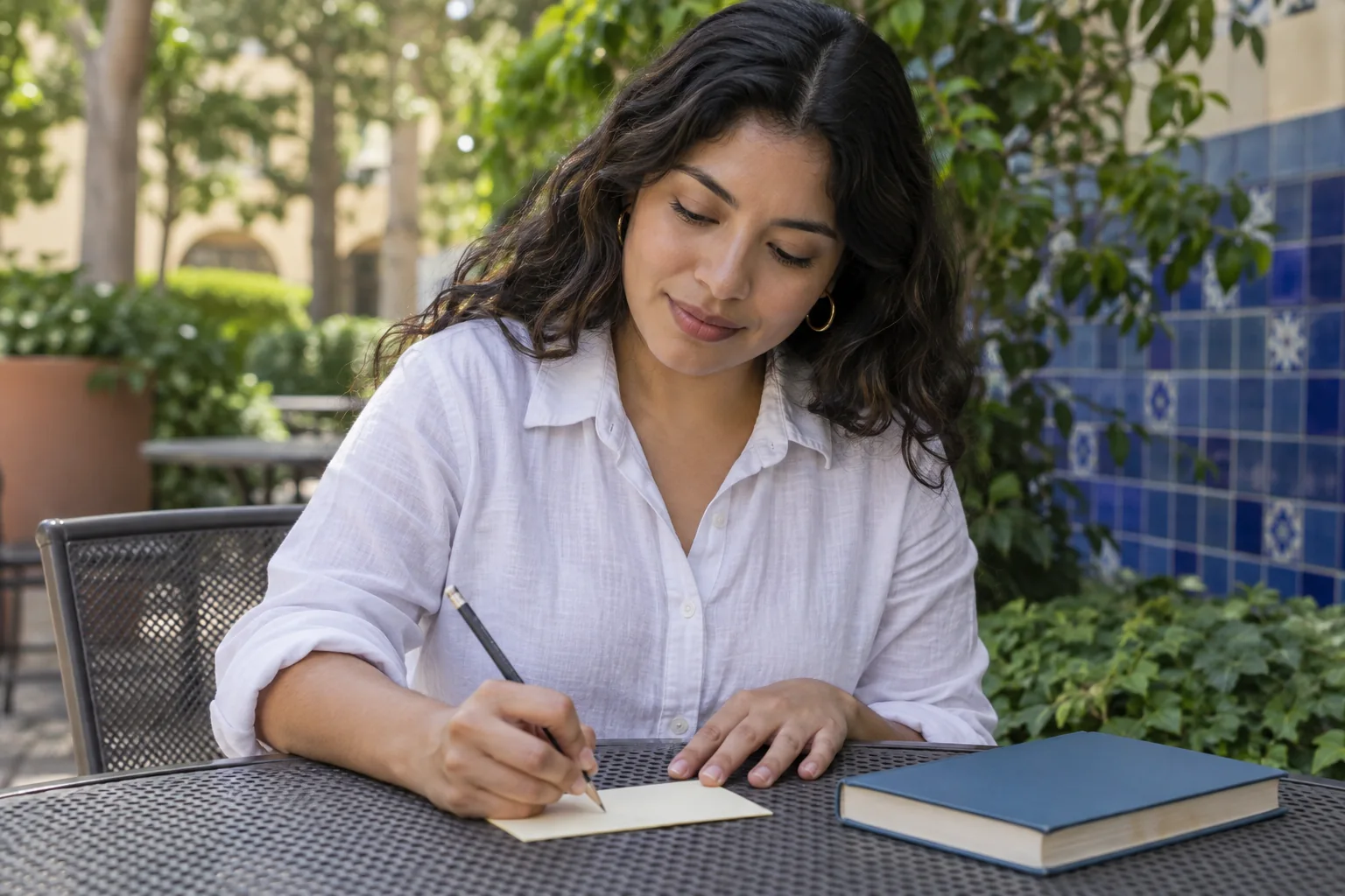 Una estudiante adulta escribe su explicación en una tarjeta junto a un libro azul cerrado