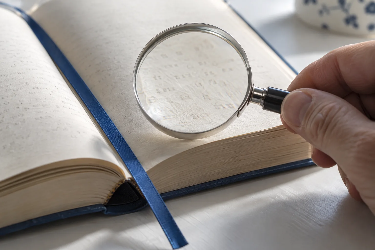 Una lupa destaca una zona de un libro junto a una cinta azul que marca la página