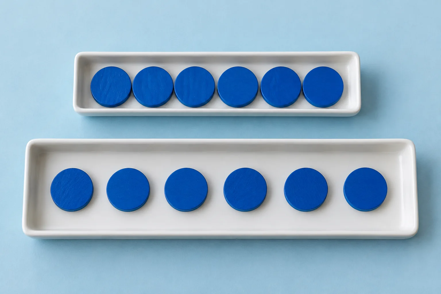 Two white trays of different widths each contain six separated blue counters