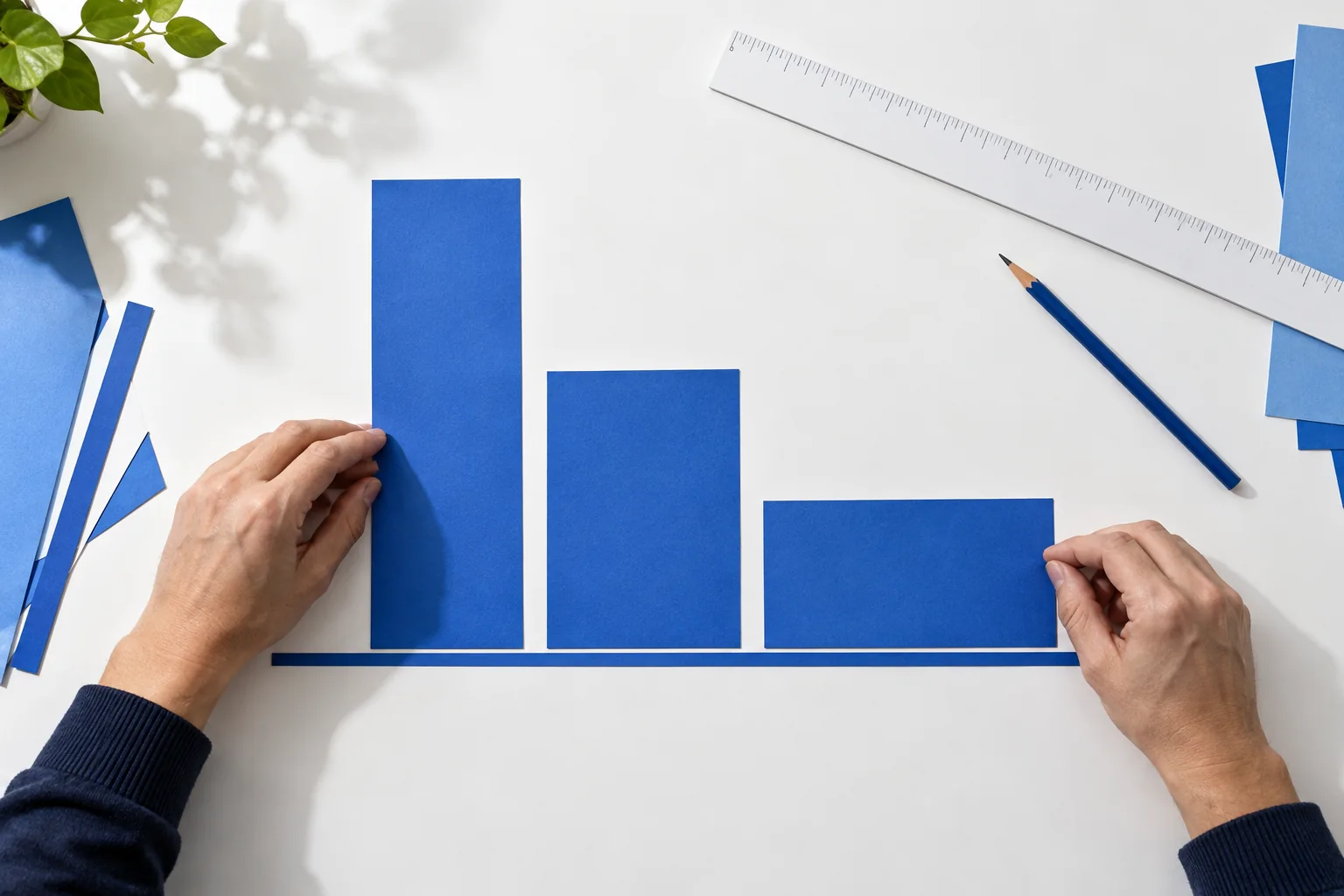 Adult hands arrange blue paper rectangles of different widths along a straight baseline on a white drafting table