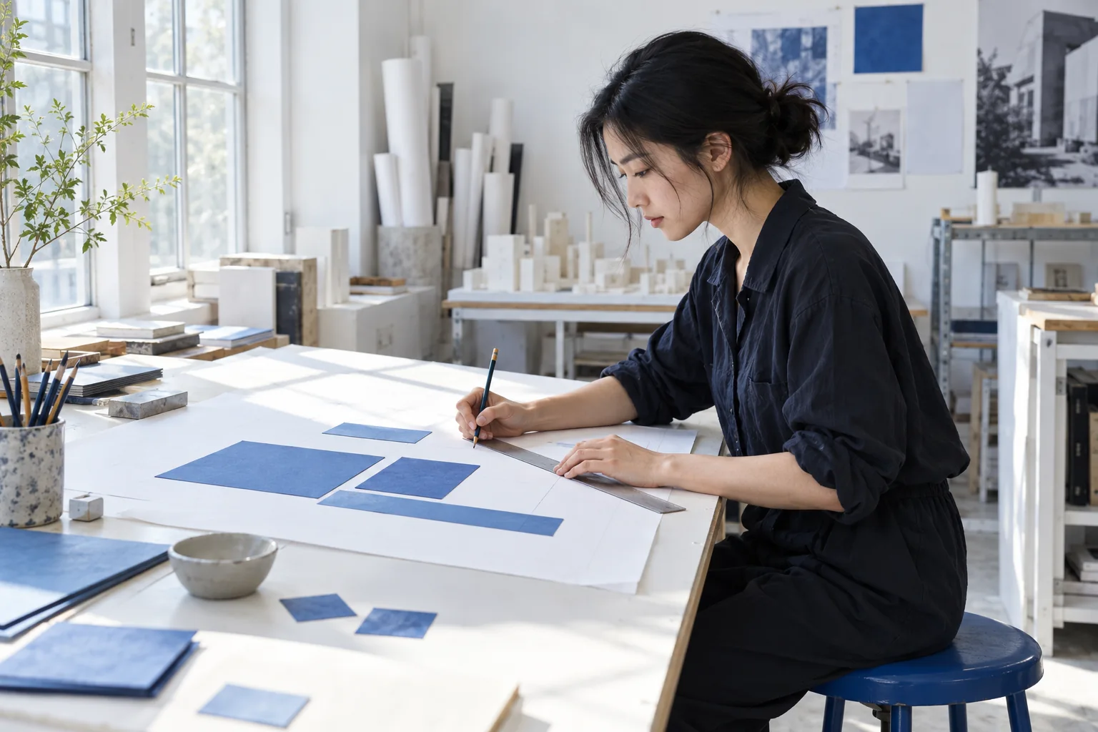 An adult student independently checks paper rectangles with a pencil and straightedge at a drafting desk