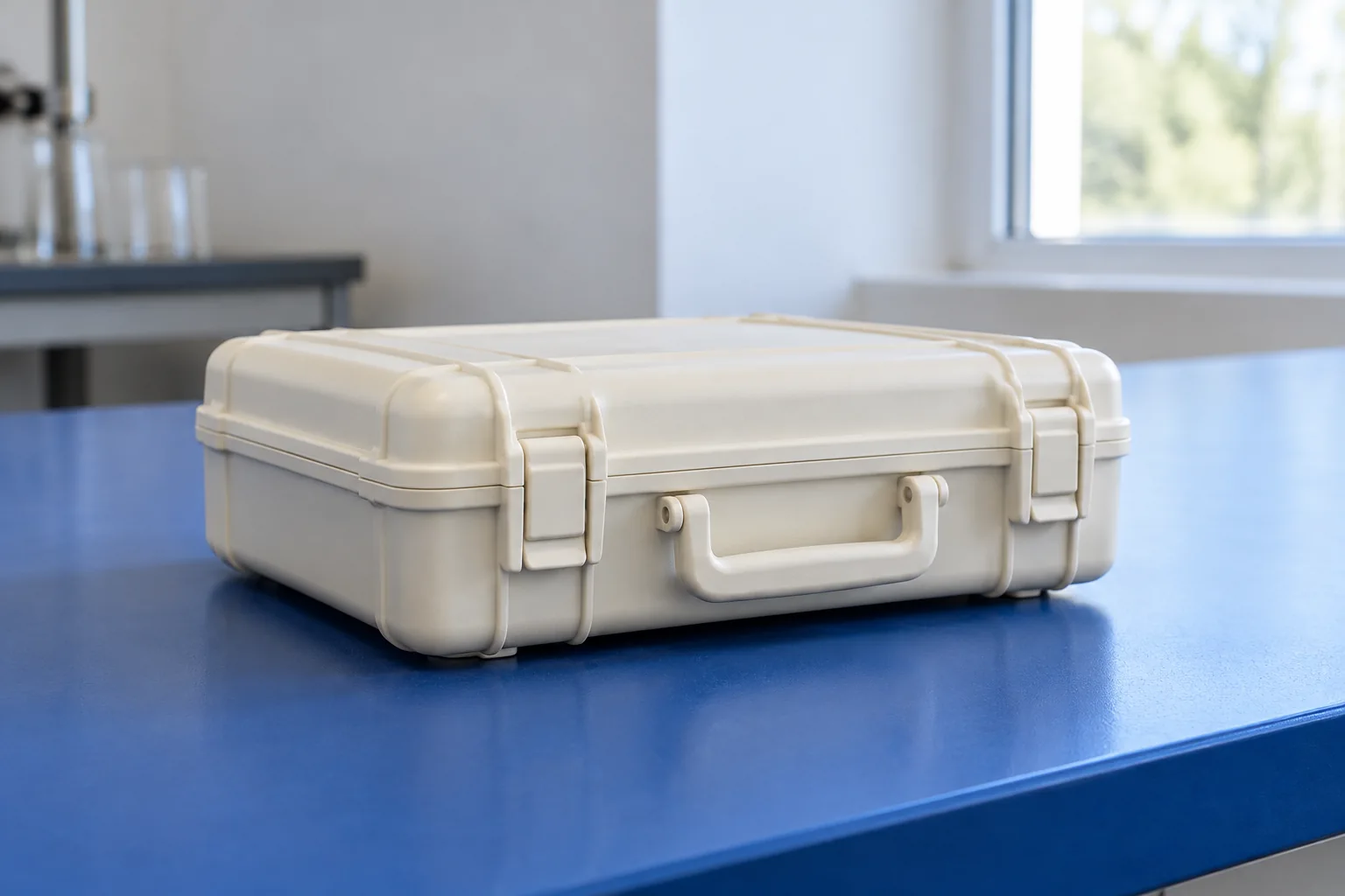 A plain ivory equipment case rests flat on a blue laboratory bench beside a bright window