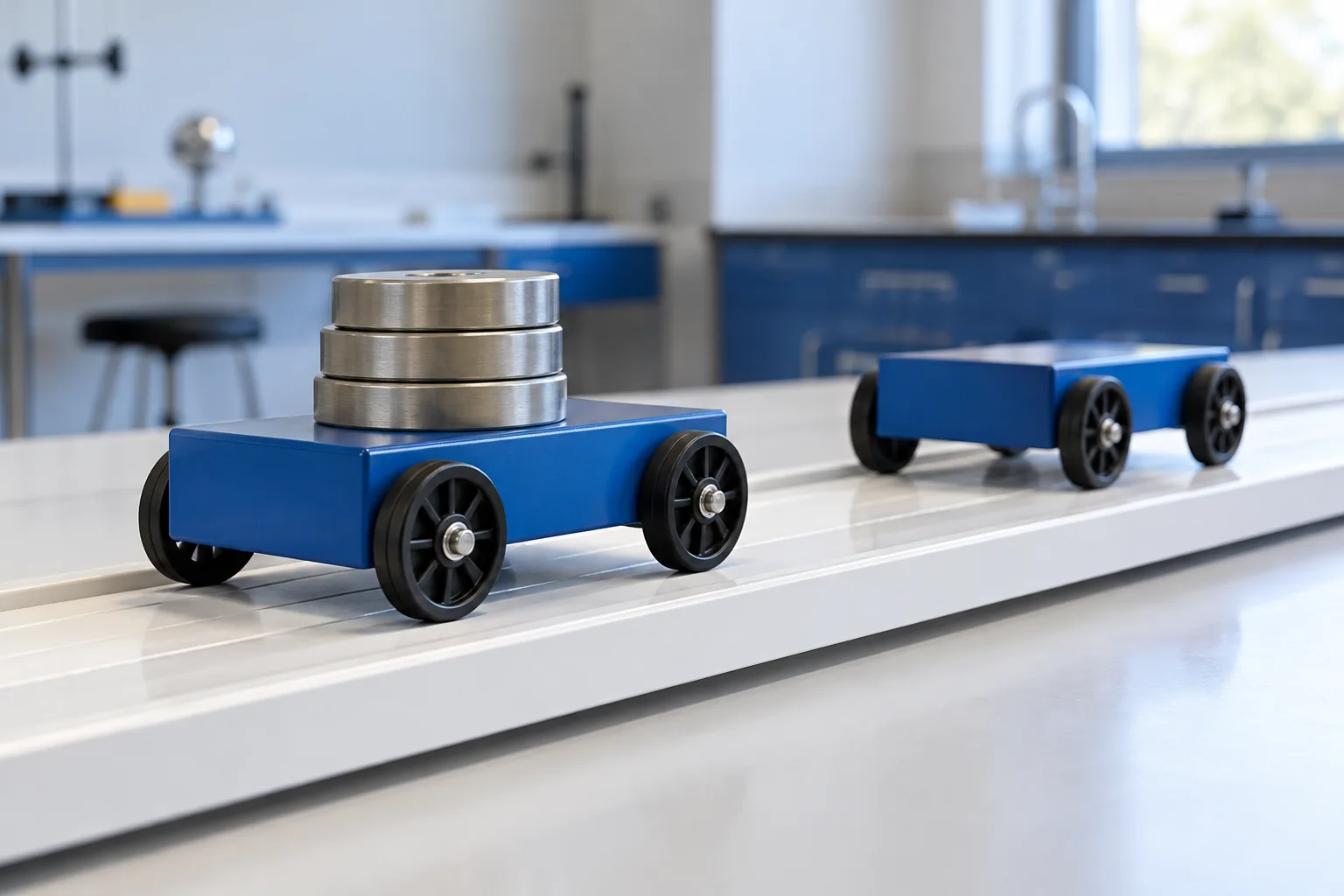 Two blue laboratory carts stand on a white track, with a stack of metal discs on the nearer cart