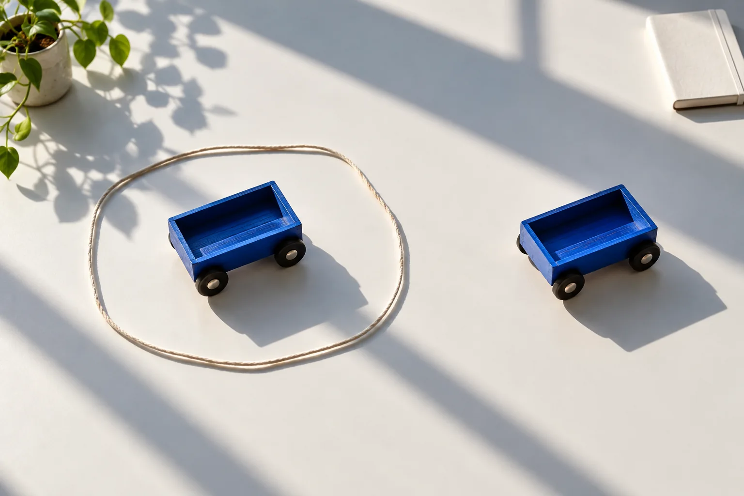 An ivory cord surrounds one of two separate blue wooden carts on a sunlit white tabletop