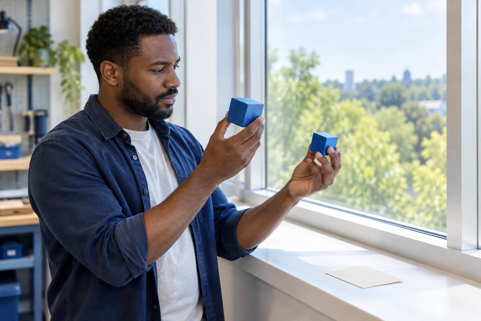 An adult student compares two separate blue blocks beside a workshop window with a blank card on the sill