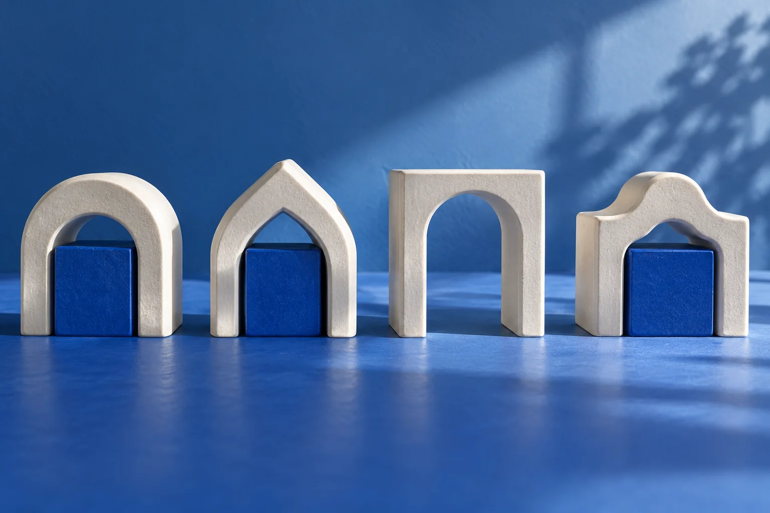 Four white arches with blocked and open passages form a conceptual illustration of comparing alternatives