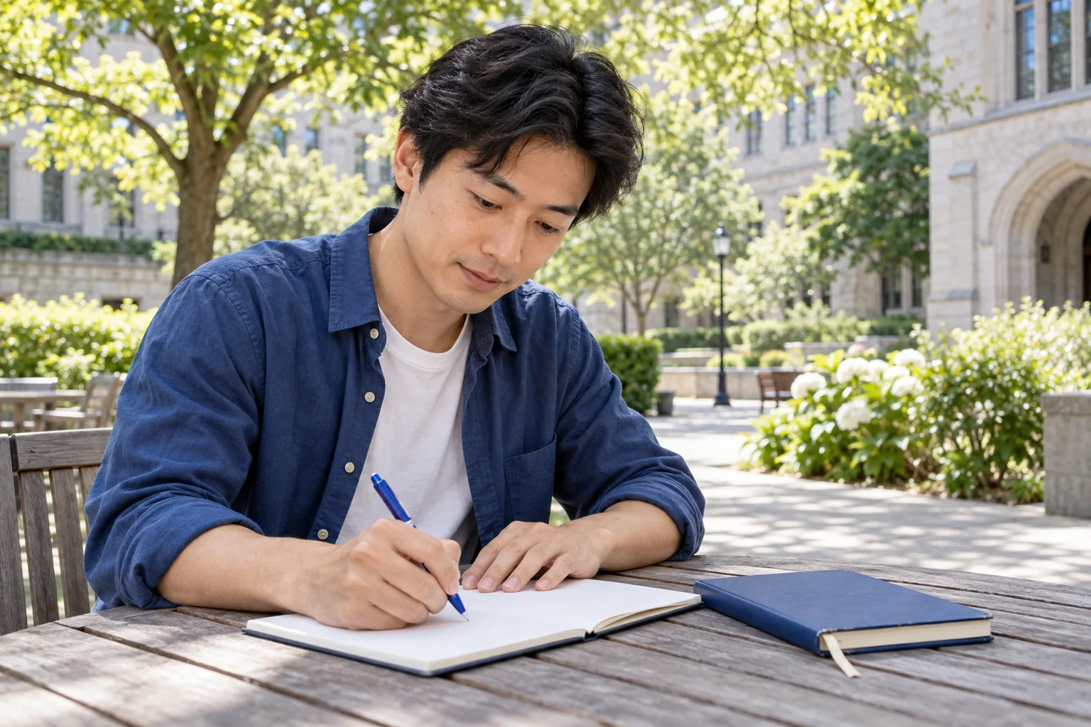 An adult student writes a fresh response in a university courtyard with an earlier notebook closed beside him