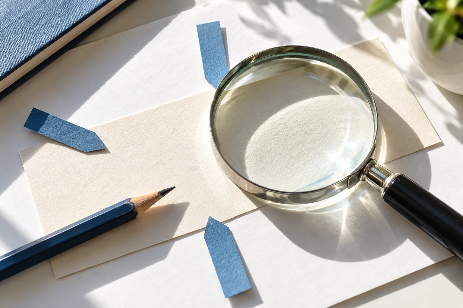A magnifying glass and blue bookmarks on an unmarked page illustrate checking the exact evidence