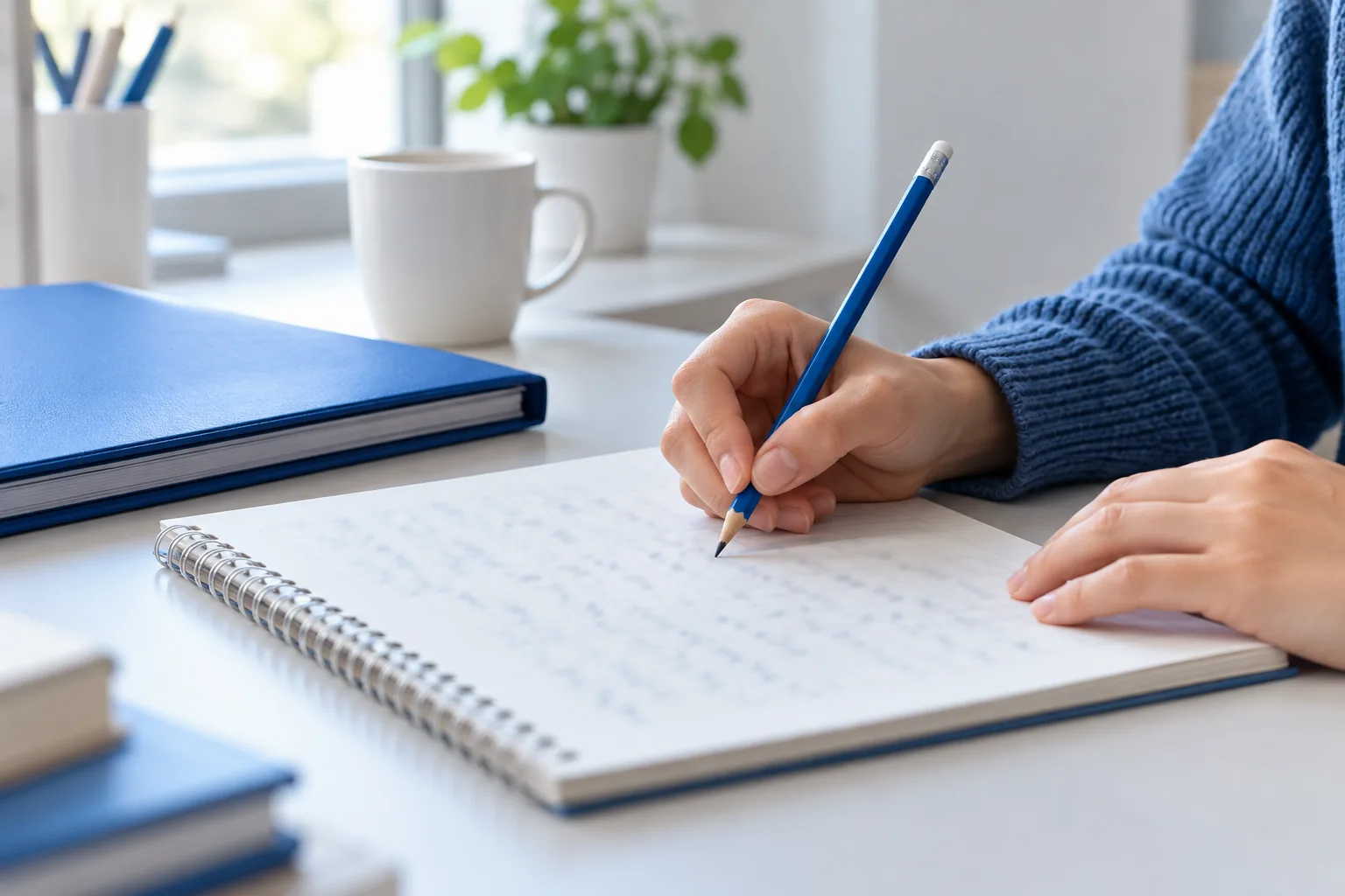 Adult hands write an explanation while a closed blue folder keeps the correction out of view