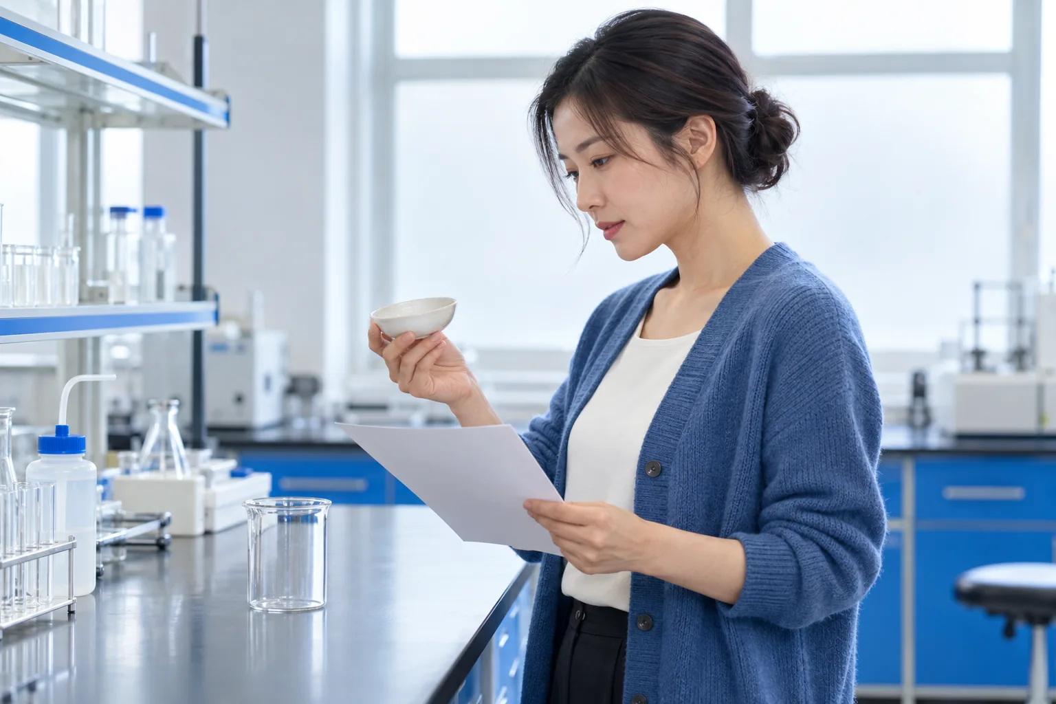 Una estudiante adulta con chaqueta azul compara una hoja en blanco y un platillo claro en un laboratorio luminoso