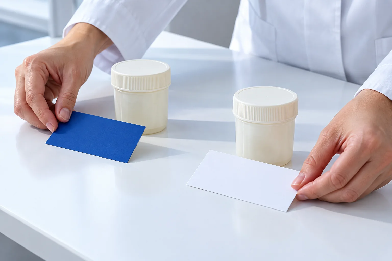 Manos adultas colocan tarjetas azul y blanca sin texto junto a dos recipientes de muestras claros